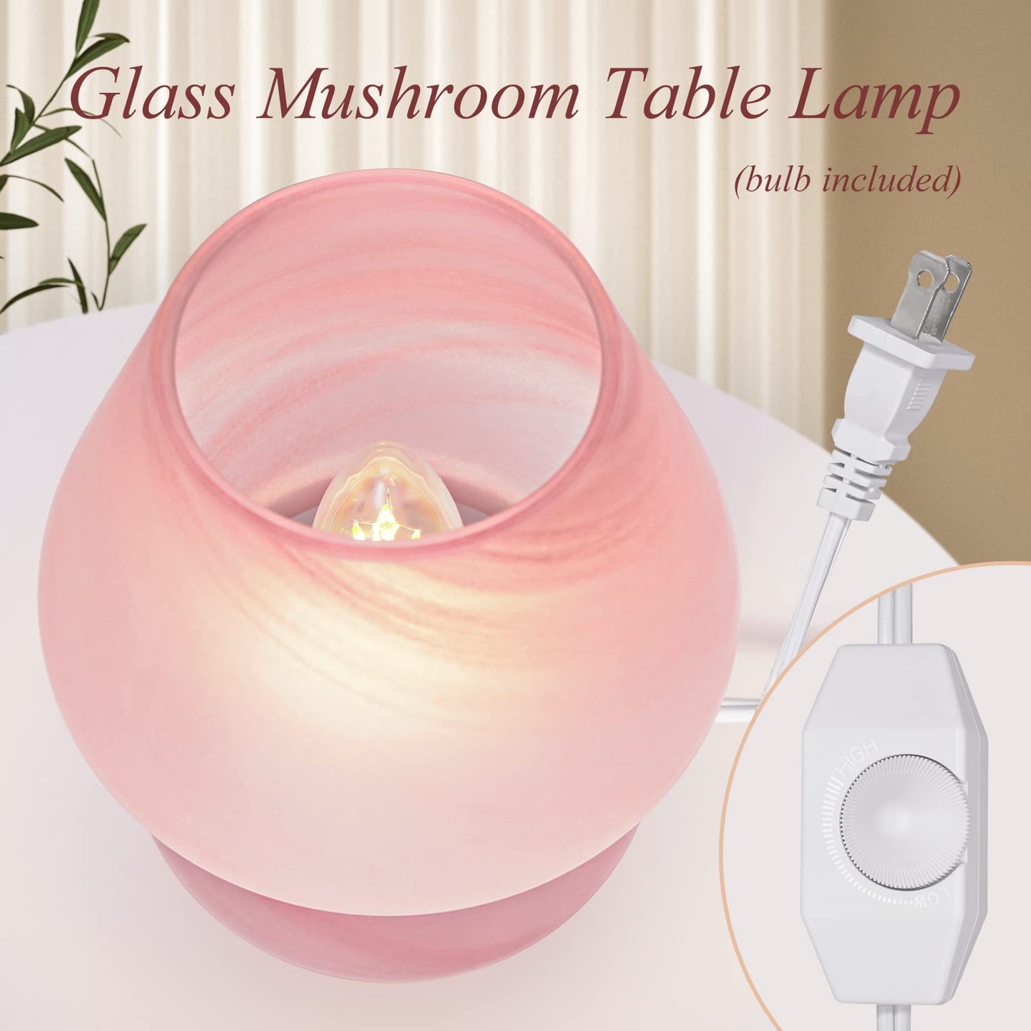 ONEWISH Mushroom Lamp Cute Table Lamp for Bedroom Nightstand Soft Light Pink, Small Glass Nightlight Stepless Dimmable Desk Lamp for Dining, Living, Nursery, Vanity, Home Decor Lamp for Girls Women