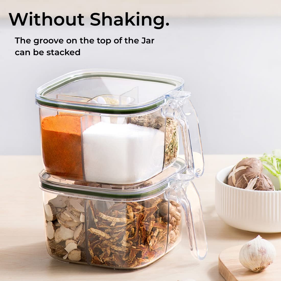 Brand Clear Box, 4-Compartment Sealed Container Set with Lid, Cover & Serving Spoons, Plastic Kitchen Condiment Jars to Store Salt, Pepper, Powder