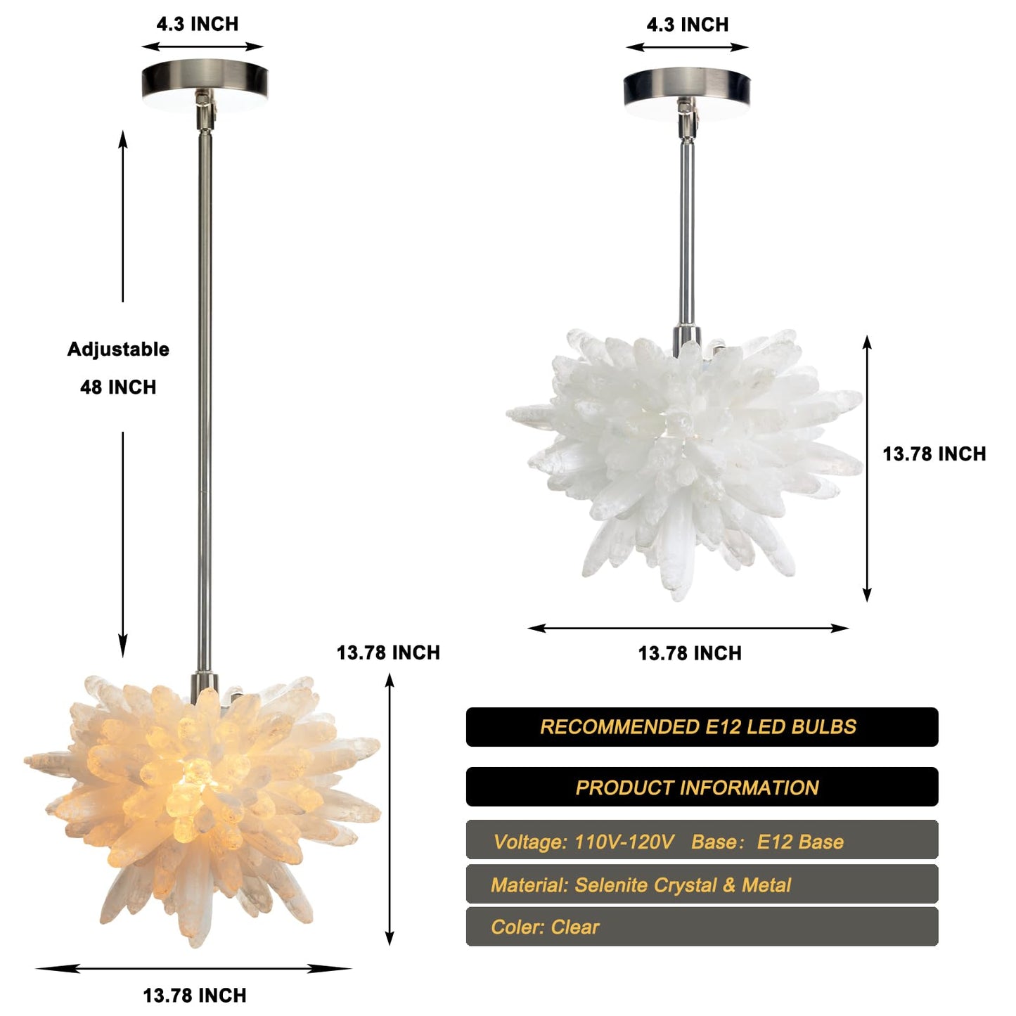 YeasHome Selenite Crystal Pendant Light, 12 Inches, White
