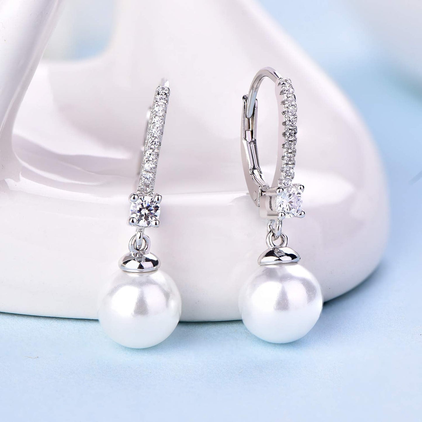 JO WISDOM 925 Sterling Silver Black/White Pearl Earrings for Women with Simulated Dangle Pearls 8mm