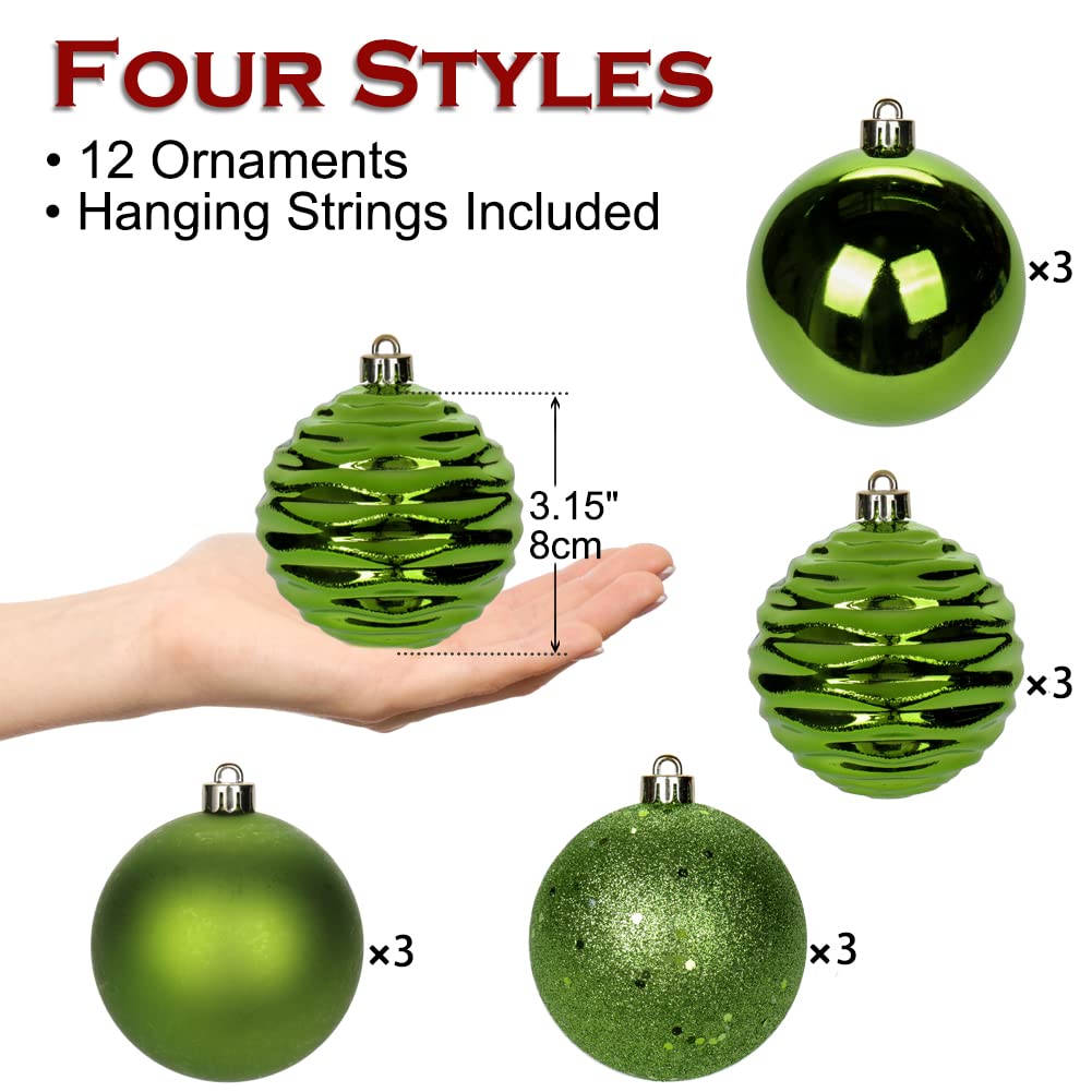 3.15" Green Christmas Ball Ornaments 12Pcs Shatterproof Christmas Tree Decorations Xmas Tree Medium Christmas Ornaments Balls with Hanging Loop for Wedding Holiday Party Wreath Home Decor