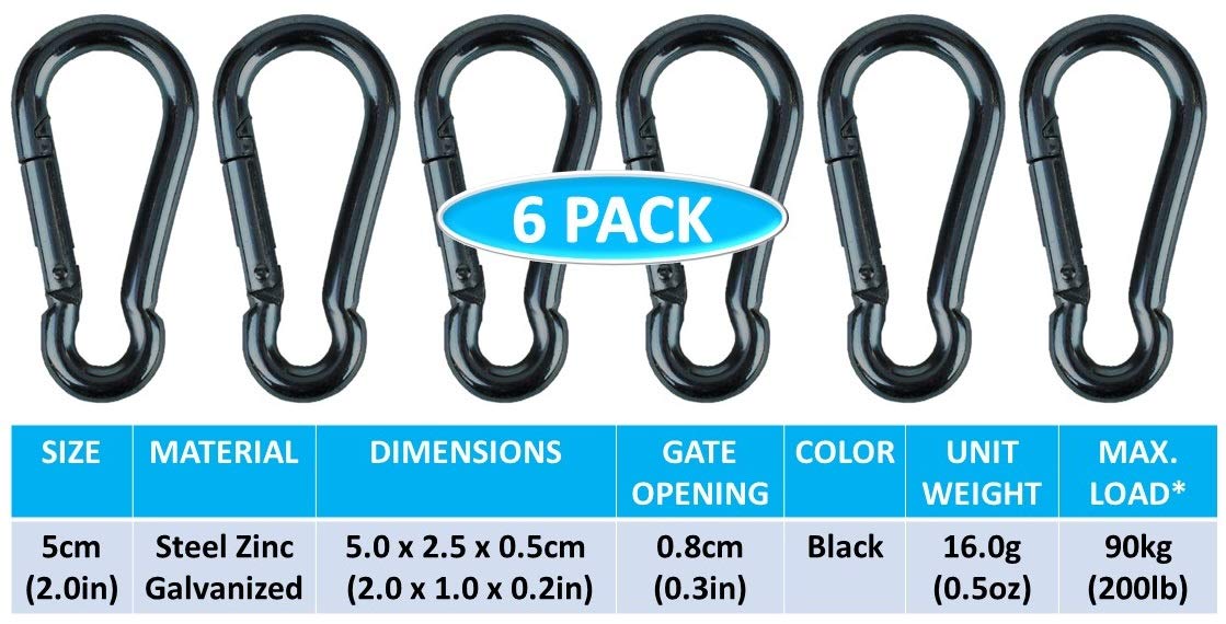 Branded Boards Black & Silver Zinc-Galvanized Heavy Duty Bushcraft Carabiner Spring Snap Clip Link Hooks 200-500lb Load 2, 6 & 12 Packs (Black-5cm-6 Pack)