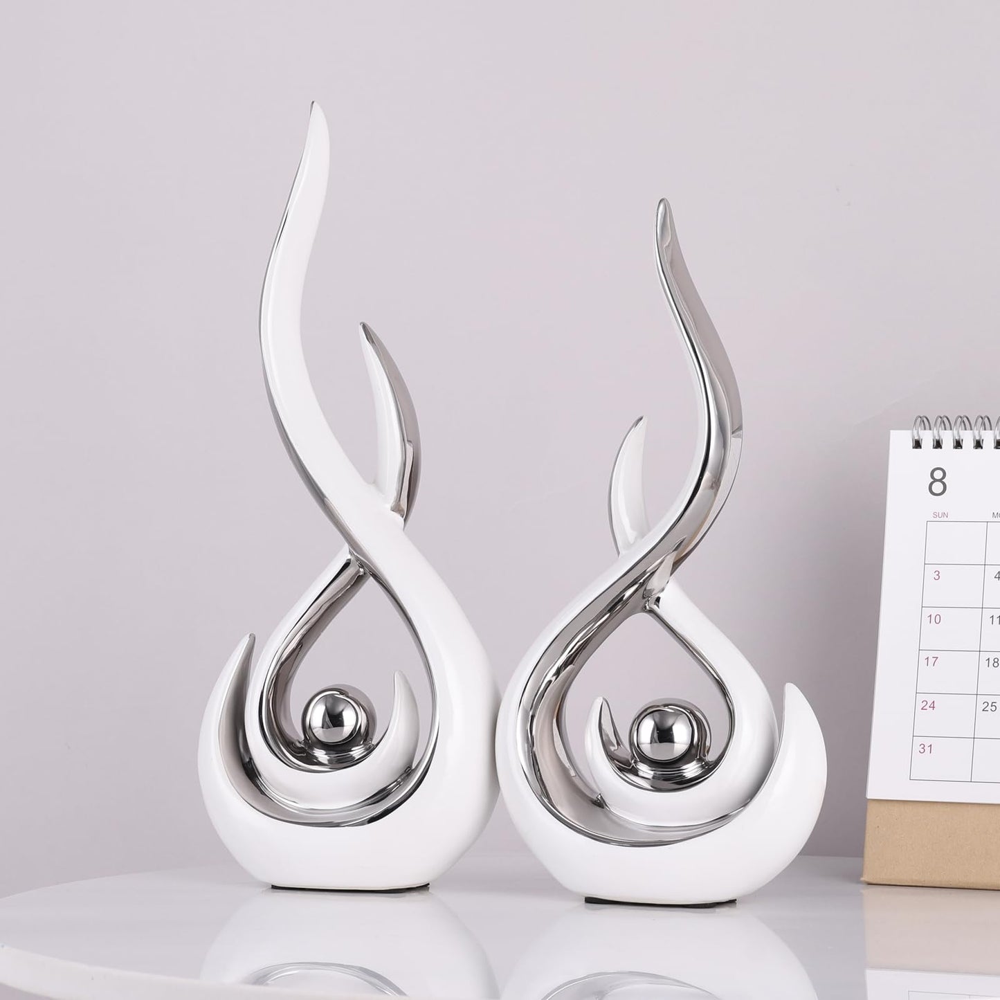 Ceramic Abstract 2 Piece Statue Set, White and Silver Home Decor Accents for Home Decor Statue Mantle Shelf Unique Decor, TV Cabinet Partition Table Top and Dining Table Centerpiece.
