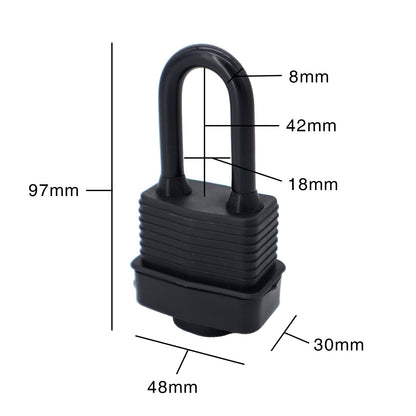 SafiSwords Waterproof Padlocks Keyed Alike for Outdoor use, Covered Heavy Duty Laminated Steel Lock, 1-9/16 Inch. Wide, Long Padlock, Pack of 6