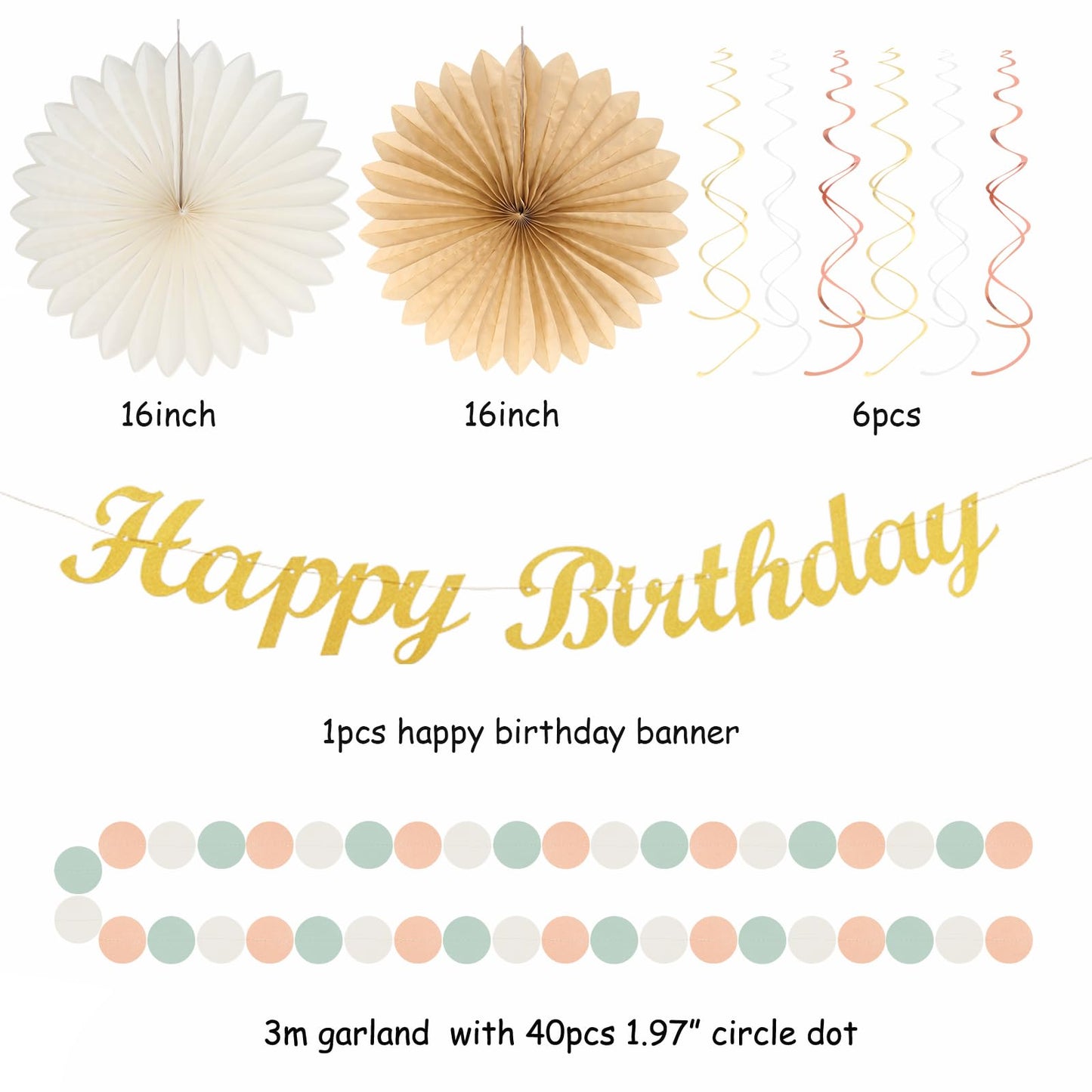 Sage-Green Blush-Pink Beige Birthday Party-Decorations - 21pcs Happy Banner,Cream Light Dusty Pink Paper Lanterns Pom Poms,Rustic Boho Neutral Streamers Garland,Women Girls Decor Supplies Huglony