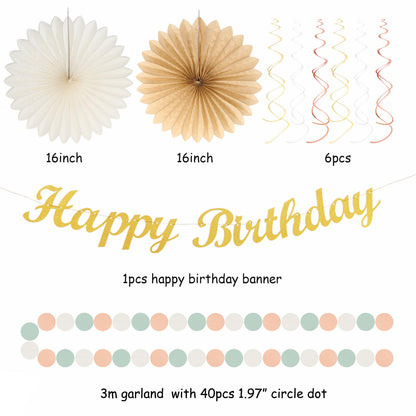 Sage-Green Blush-Pink Beige Birthday Party-Decorations - 21pcs Happy Banner,Cream Light Dusty Pink Paper Lanterns Pom Poms,Rustic Boho Neutral Streamers Garland,Women Girls Decor Supplies Huglony