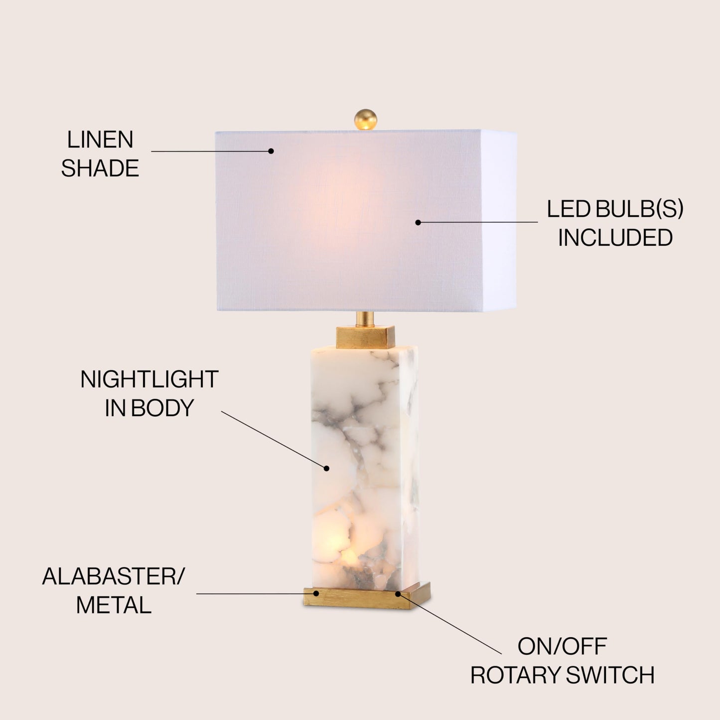 JONATHAN Y 27.5" White/Gold Modern Alabaster Rectangular Table Lamp with Night Light Contemporary Coastal Bedside Lamp for Bedroom with White Linen Shade LED Bulbs Included JYL6201A