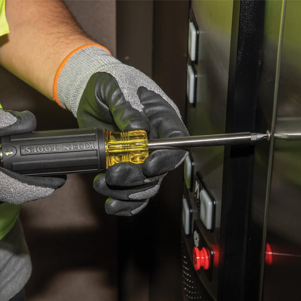 Klein Tools 32307 Multi-bit Tamperproof Screwdriver, 27-in-1 Tool with Torx, Hex, Torq and Spanner Bits with 1/4-Inch Nut Driver, Black/Yellow