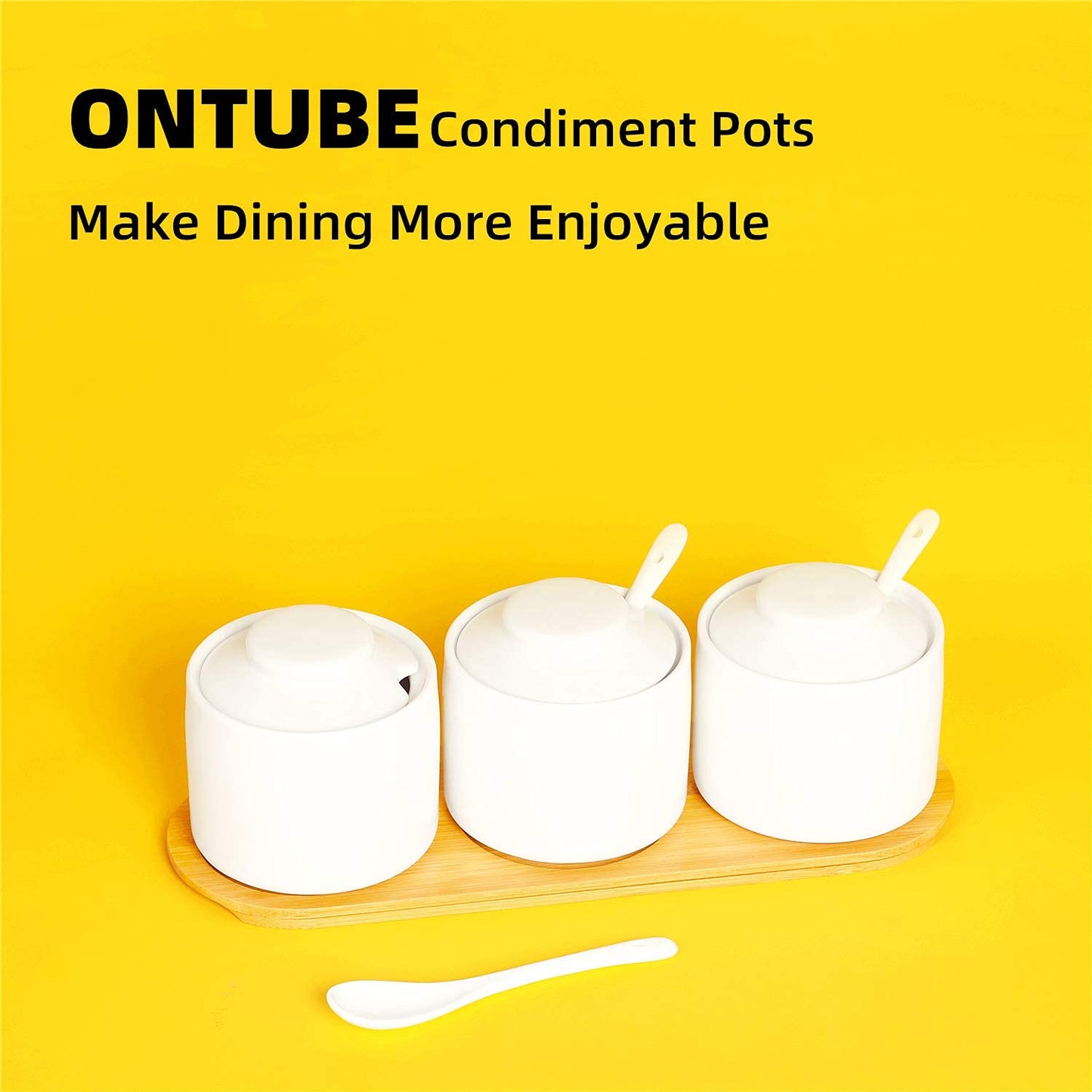 ONTUBE Ceramic Condiment Jar Set of 3 with Tray, Condiment Pot 8oz (White)