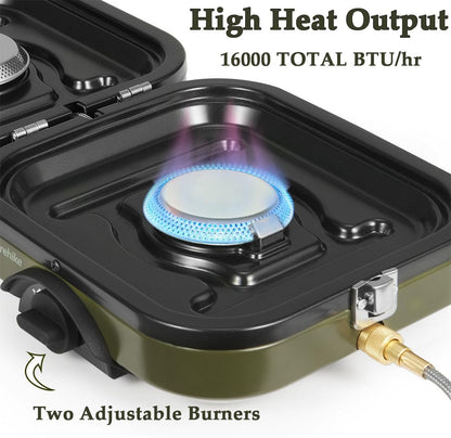 Naturehike 2 Burner Portable Stove for Camping, 16000 BTU Propane Gas Stove with Carry Bag, Small Folding Gas Grill, Adjustable Burners & Piezo Ignition for Outdoor Cooking, Patio, Emergency, Hiking