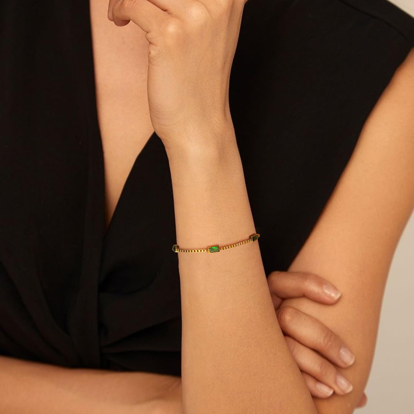 Sanfenly Gold Bracelet for Women Non Tarnish Dainty 14K Gold Plated Thin Stainless Steel Cute Emerald Green Cubic Zirconia Simulated Diamond Charm May Birthstone Bracelet Trendy Adjustable Simple Link Chain Waterproof Bracelet