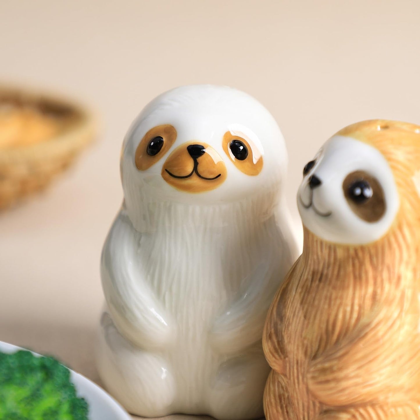Bicuzat Ceramic Sloth Shape Salt & Pepper Shakers Set, Hand-Painted Cute Sloth Salt and Pepper Shakers, 2 PCS Set