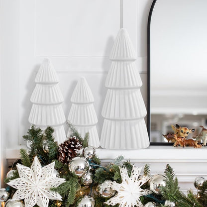JOICEE 3 Pcs Velvet Ceramic Christmas Trees, Xmas White Modern Velvet Cone Tabletop Trees for Christmas Decorations Indoor Table Mantel Entryway Centerpieces Home Room Decor