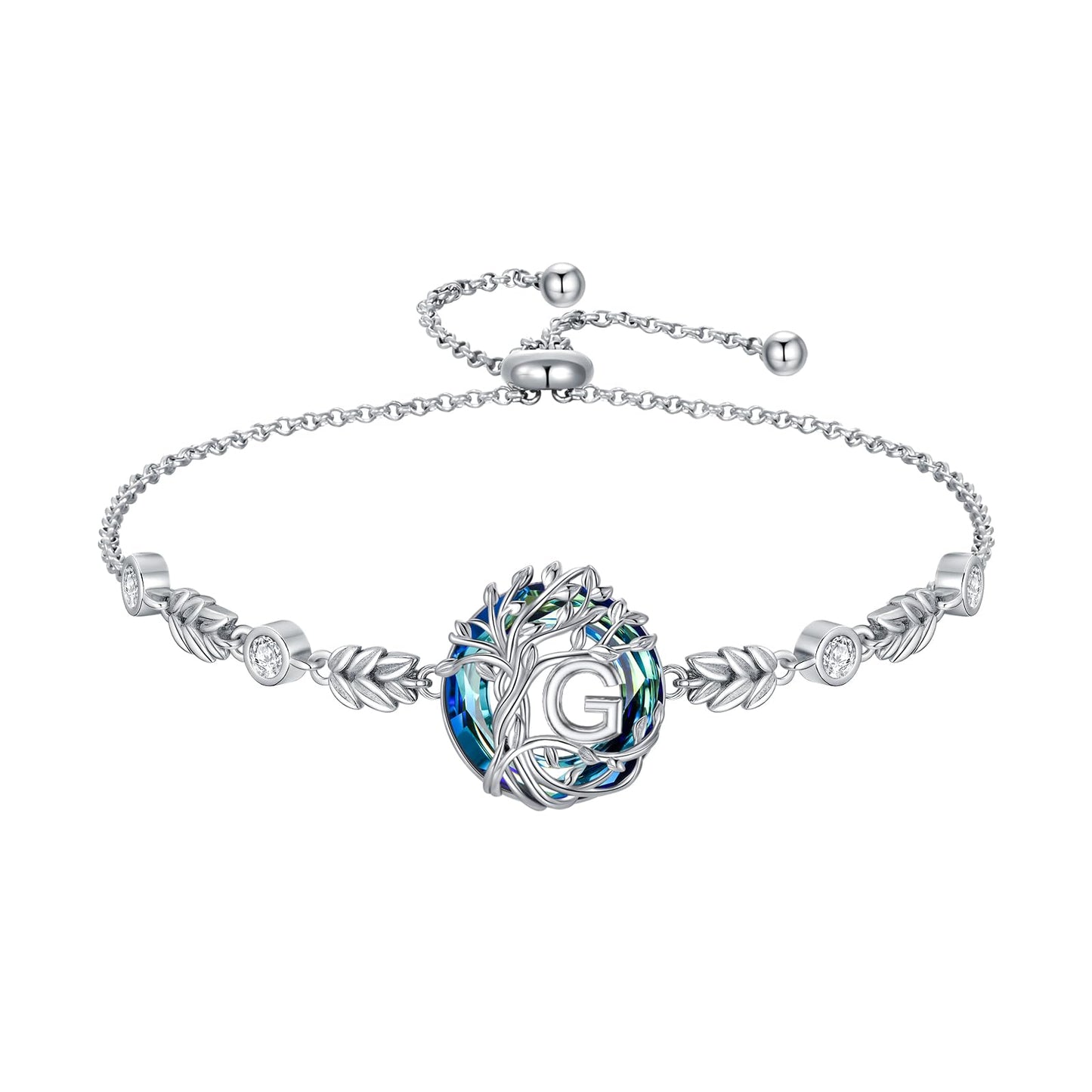 TOUPOP Tree of Life Initial Bracelet Sterling Silver Initials G Letter Link Bracelets Blue Circle Crystal Family Tree Birthday Mothers Day Jewelry Gifts for Women Mom Wife