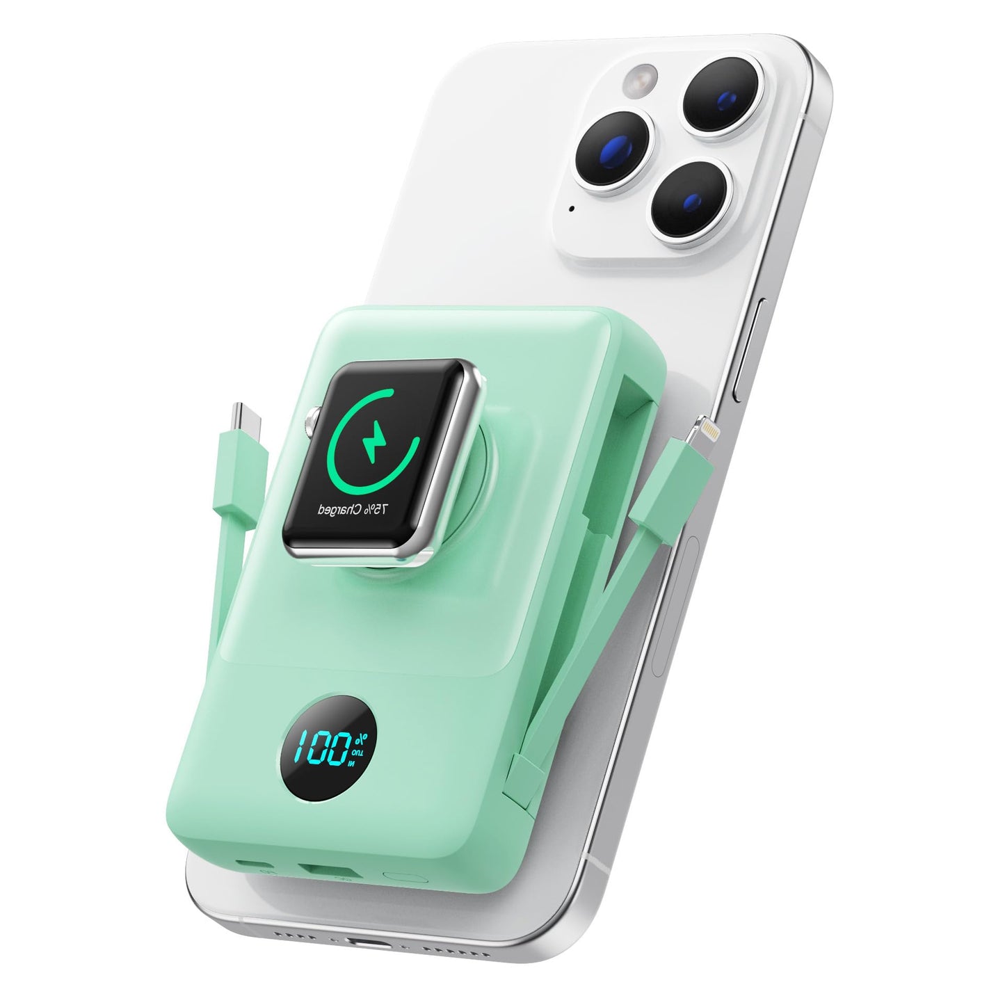 Magnetic Portable Charger for iPhone with Built-in Cables, 6-in-1 10800mAh Power Bank with iWatch Charger & LCD Display,25W PD Fast Charging Battery Pack for Magsafe,iPhone 16/15/14/13/12,Apple Watch