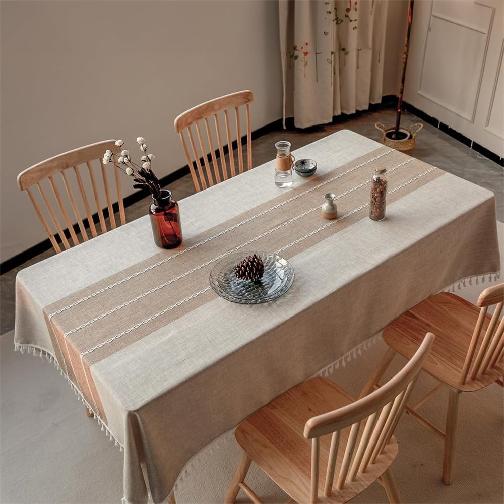 FMIYJUN Rectangle Cotton Tablecloths Linen Waterproof Tablecloth Burlap Embroidered Fabric Table Cloths for Kitchen Dining Party Wedding Tables Coffee Lines 55 x 70 Inch