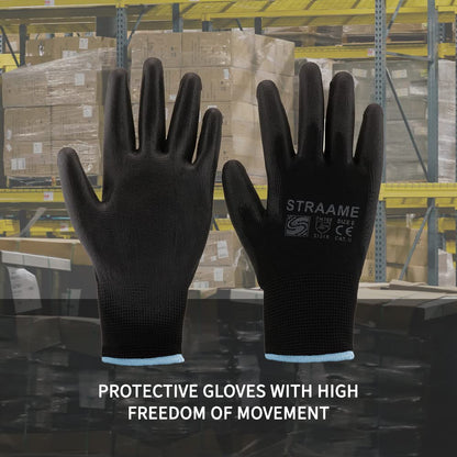 Straame Pack of 12 or 24 Black Safety Work Gloves, Outdoors PU and Nylon Non-Slip Work Handling Gloves, Good Dexterity Firm Grip Protective Working Gloves Size (Pack of 12 Pair's, L)