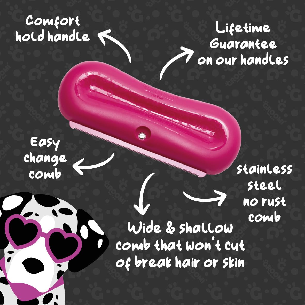Groomi Deshedding & Grooming Brush for Dogs, Cats, Horses & Rabbits - Gentle & Effective Pet Grooming Tool, Wide Shallow Comb, Smooth Groomer for Cats, Dogs and Horses, Grooming Comb - Pink