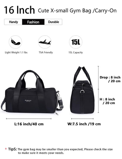Sports Small Gym Bag for Women & Girls and Kids, Cute Mini Duffle Bag with Wet Pocket & Shoes Compartment, Personal Item Travel Workout Bag, 16"-Small, Black