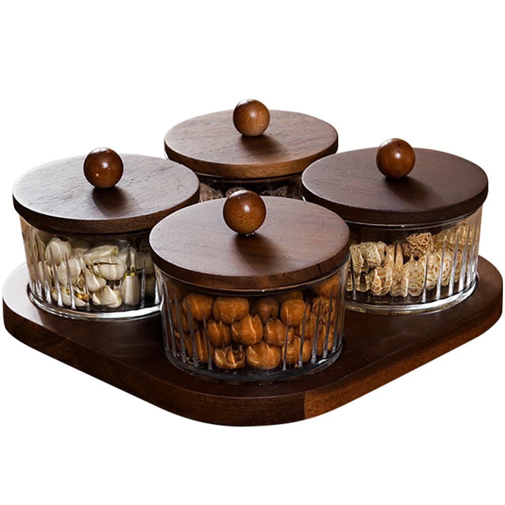 ANQIA Round Glass Snackle Box Container Snack Organizer and Fruit Platter with Acacia Wood Lids and Tray Divided Serving Tray for Nuts Candy Dry Fruits (4 Jars)