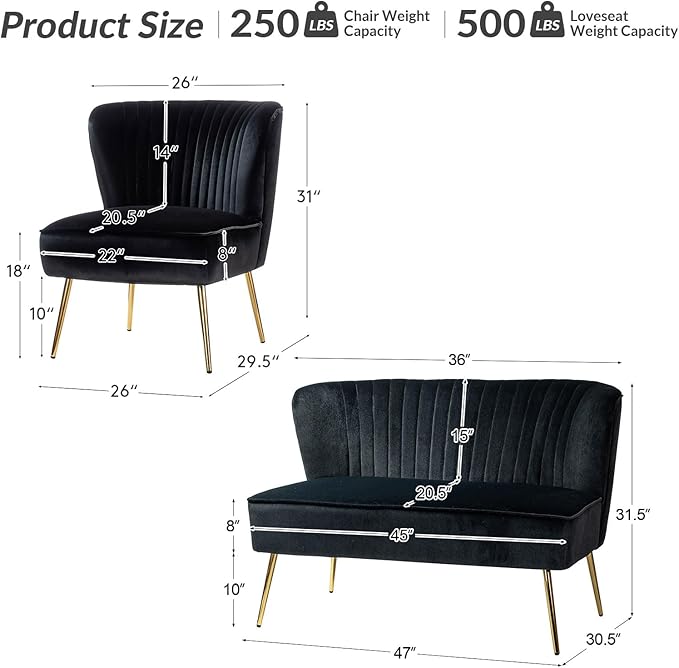 HULALA Home 3 Piece Velvet Living Room Furniture Set, Modern Comfy Upholstered