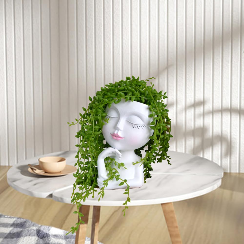 Thinking Face Planter, Funny Plant Pots, Cute Head Flower Pot with Drainage for Indoor Outdoor Succulent/Herb, Unique Minimalist White Vase, Garden Home Office Desk Shelf Art Decor, Women Gift 7"
