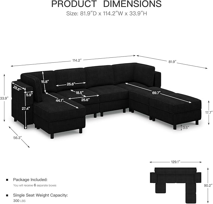 Belffin 114.2" Modular Sectional Sofa Corduroy 7 Seats U Shaped Sofa Couch