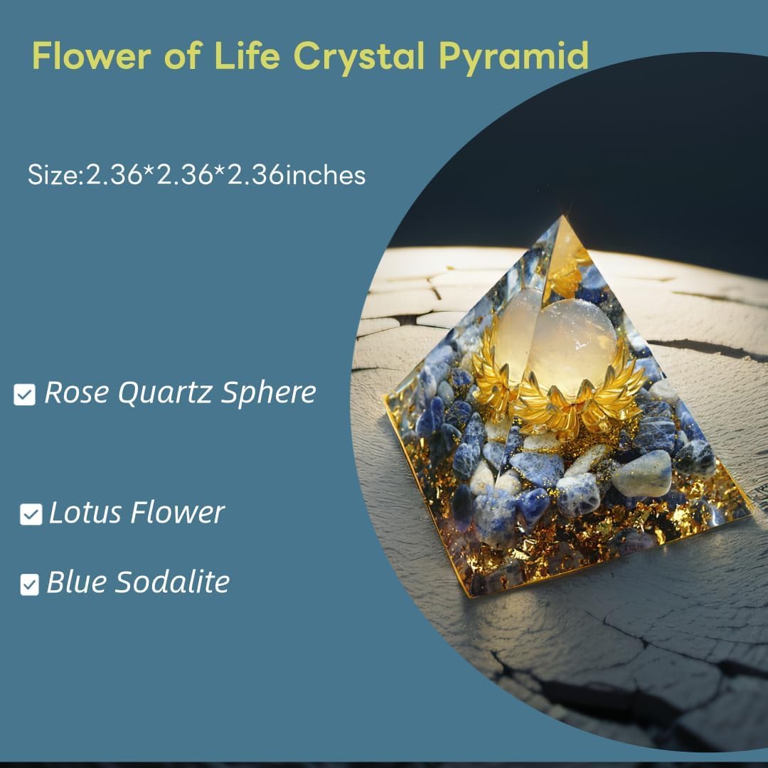 Flower of Life Crystal Pyramid, Orgonite Rose Quartz&Sodalite Healing Crystal Pyramids for Reduce Stress Chakra Reiki Healing Meditation Attracts Lucky and Success