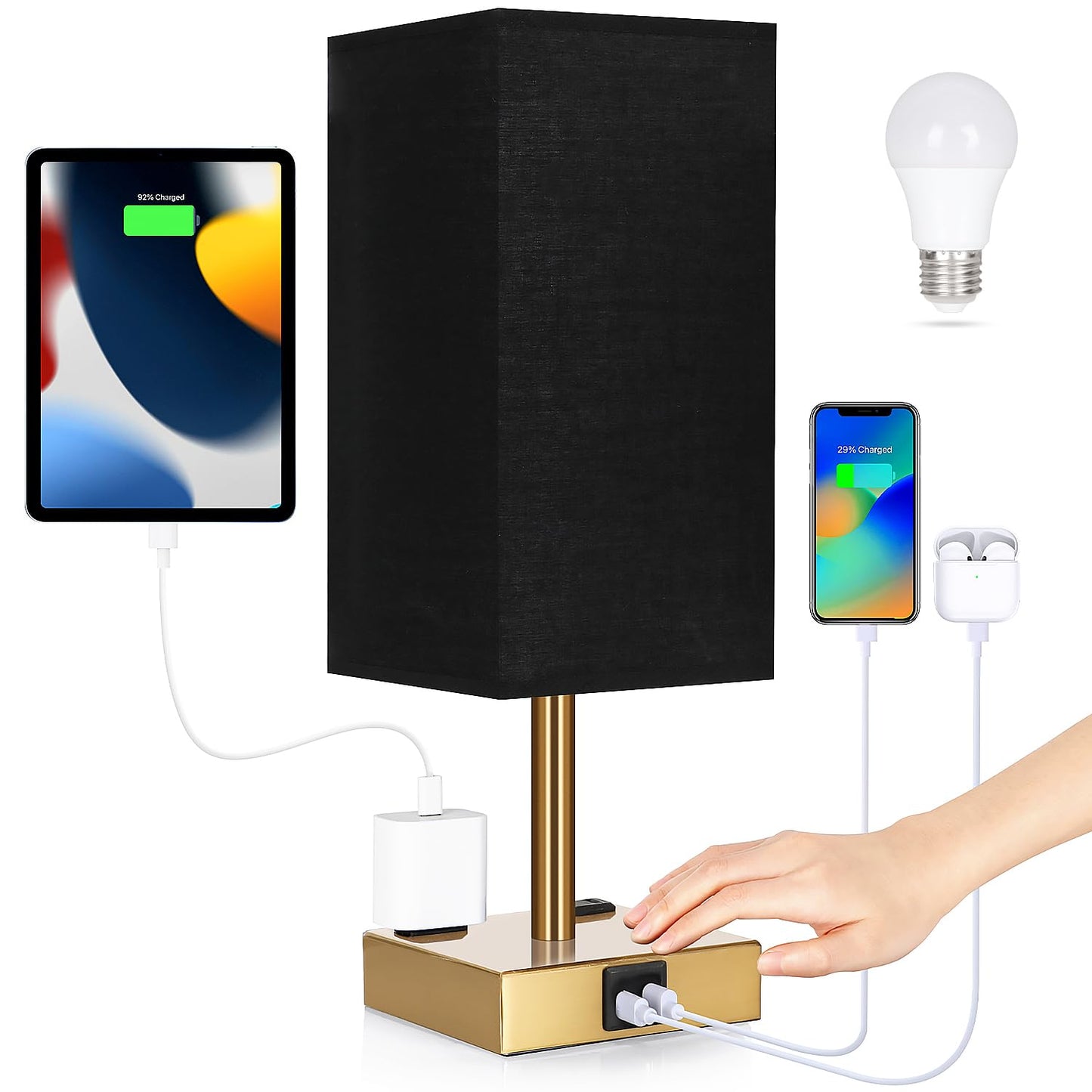 Soilsiu Bedside Lamp with USB Ports - Touch Control Table Lamp for Bedroom with USB C+A Charging Ports & AC Outlets, 3 Way Dimmable Nightstand Light for Living Room (LED Bulb Included, Brass - Black)