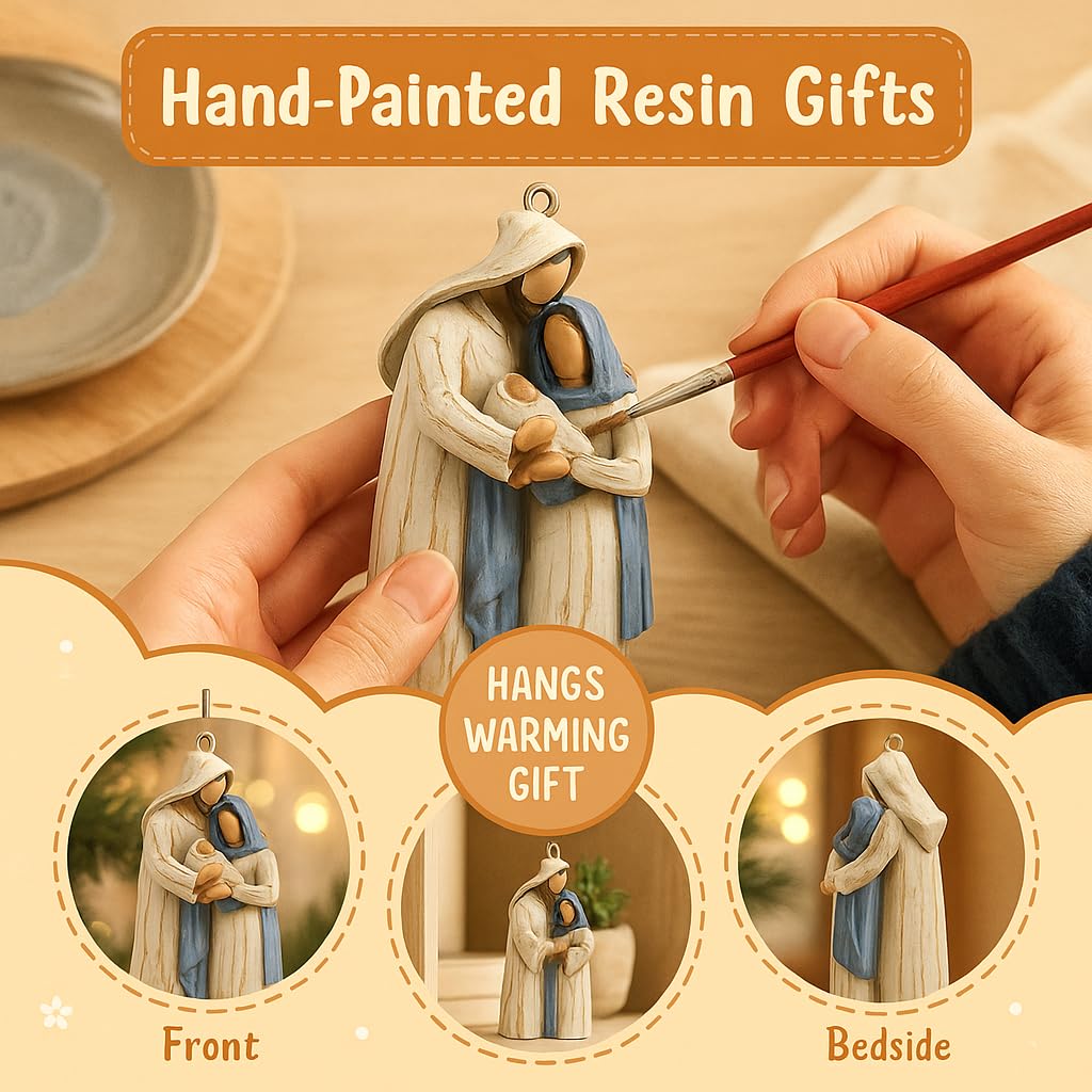 Holy Family Nativity Scene Hanging Christmas Ornament – Hand-Painted Resin Décor Religious Gift Keepsake for Xmas Tree or Wreath, Mary Joseph and Baby Jesus Figurine (Holy Family)