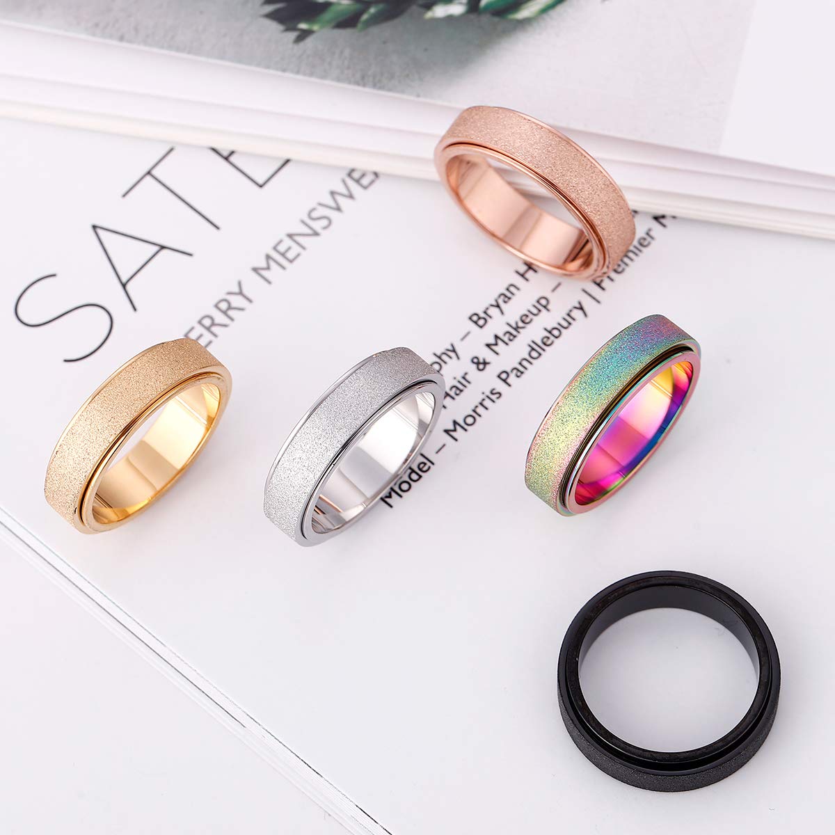 OreilleStar Anxiety Ring for Women Fidget Spinner Ring Fidget Toys Adults Titanium Stainless Steel Thumb Ring 6mm Wide Rose Gold Size 8