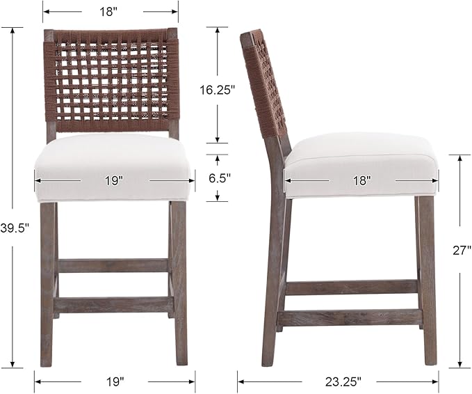 27-Inch Midcentury Modern Counter Stools, Wooden Wicker Stool Chairs