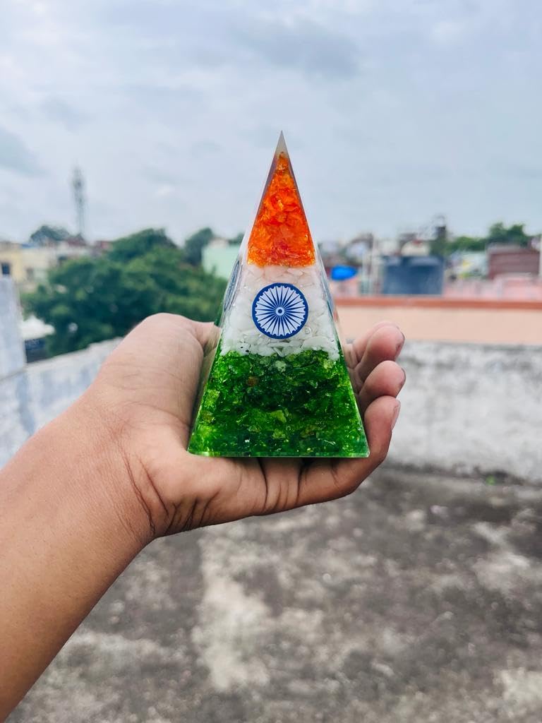 Large Orgone Crystal Pyramid Indian Flag Tiranga Organite Money Crystal Healing Stone Pyramid Positive Energy Home Office Table Decor Gift