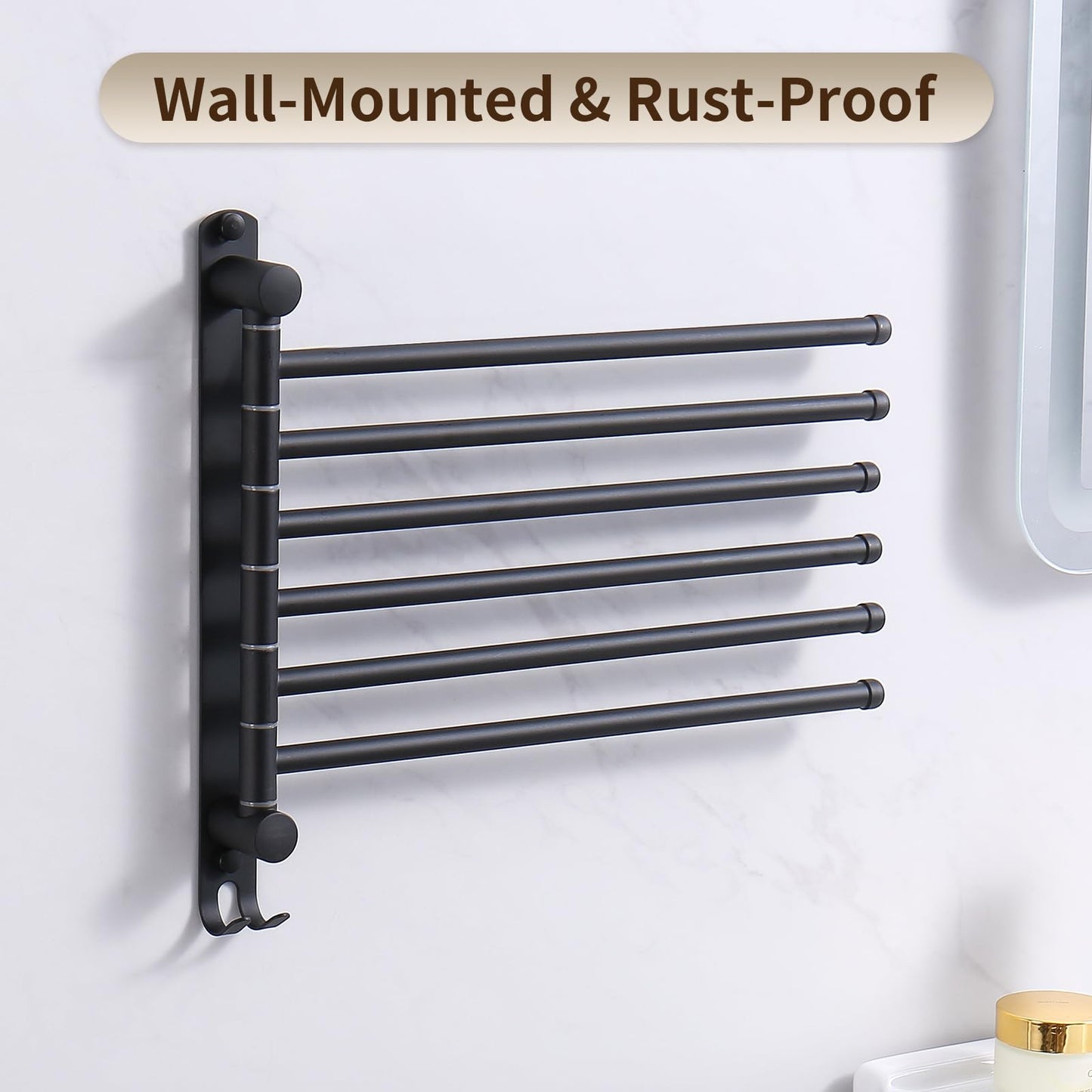 Swivel Towel Rack, 14" Thicken 304 Stainless Steel 6-Arm Adjustable Towel Bar,Wall Mounted Towel Holder with Hook, Space Saving for Kitchen, Bathroom, Outdoor (Black, 6 Arms)