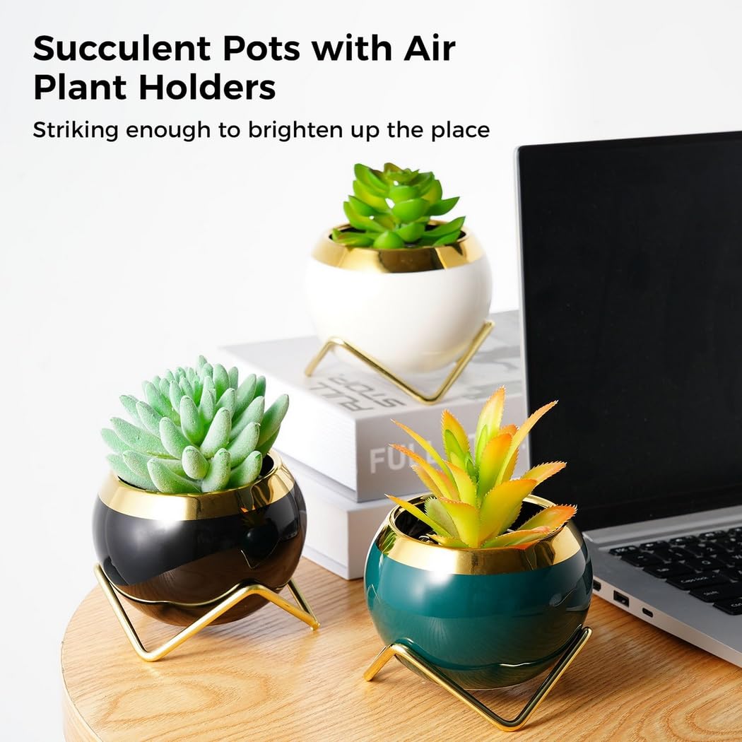 Set Of 3 Air Plant Holders, Metal Stand With Ceramic Pot For Succulents And Cacti, Cute Mini Pots For Indoor Plants