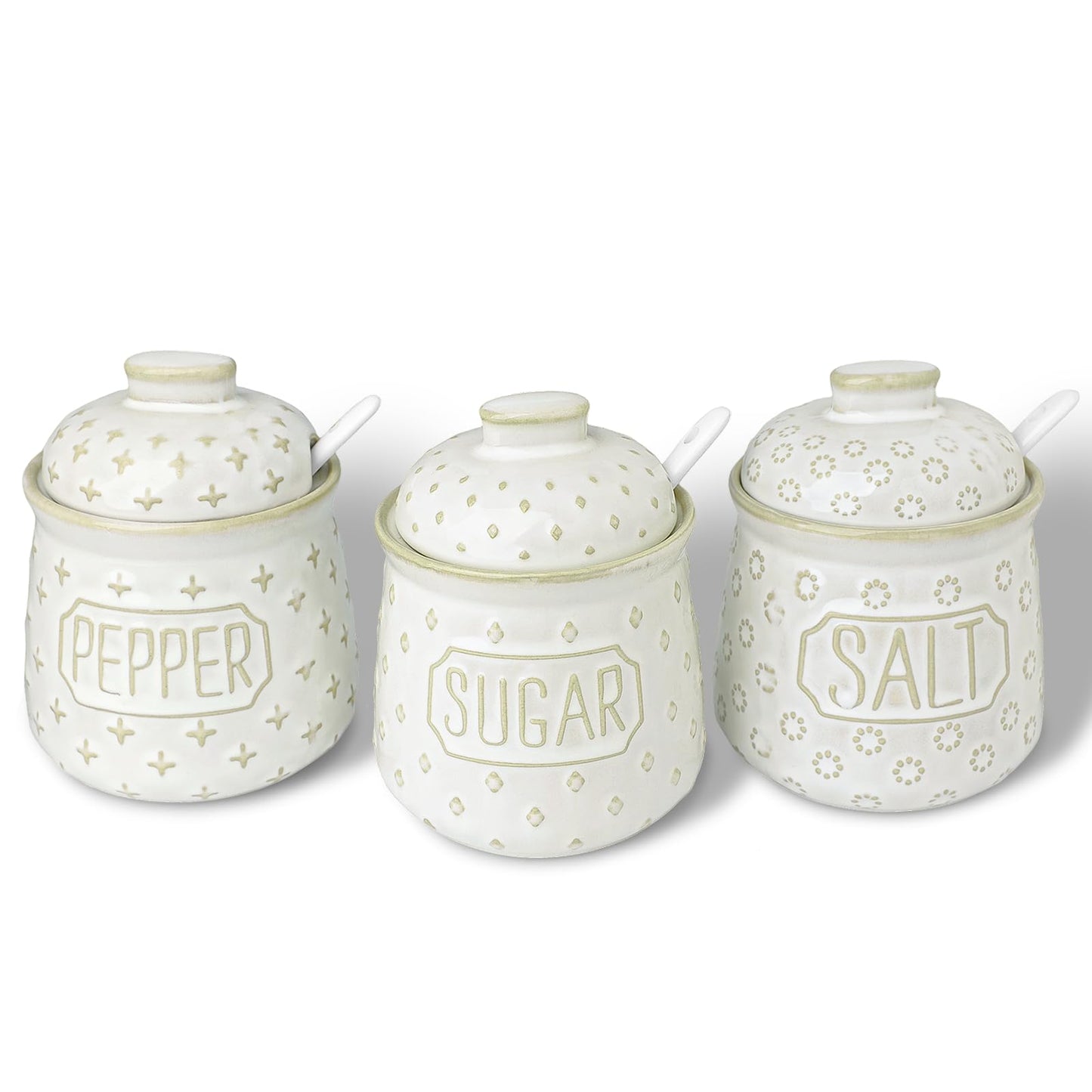 GDCZ 10 Oz Sugar Pepper and Salt Bowls with Lid and Spoon, Ceramics Seasoning Container, Seasoning Jar Spice Container for Kitchen,Dishwasher Safe, Set of 3 (White)