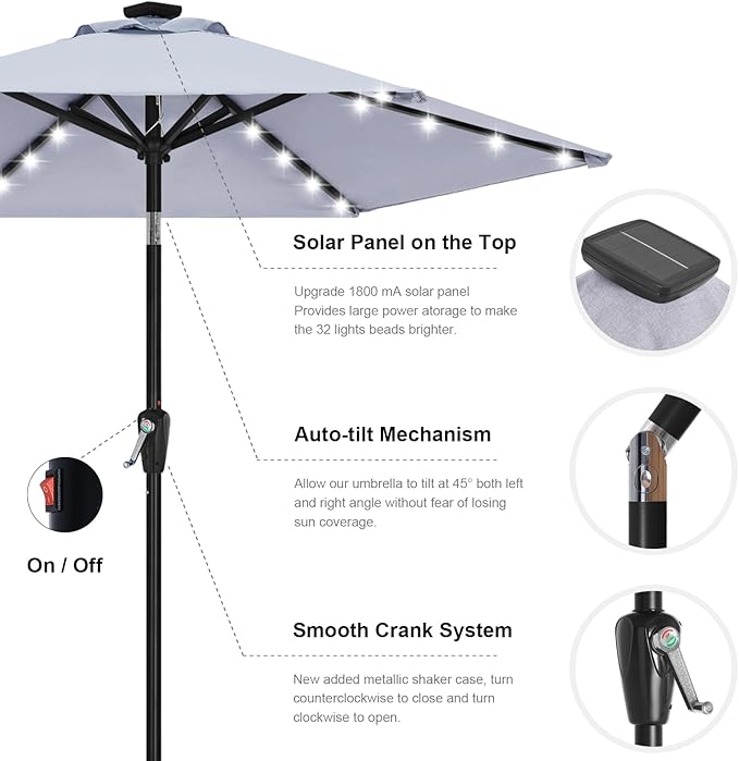 ABCCANOPY Durable Solar Led Patio Umbrellas with 24LED Lights 7.5FT with 6 Sturdy Ribs (Fog Gray)
