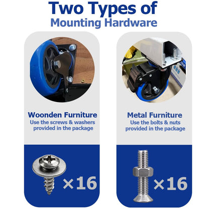 5 Inch Caster Wheels, Casters Set of 4 Heavy Duty with Brake, Safety Dual Locking Casters, No Noise Wheels with Polyurethane Foam, Load 2400LBS (Two Hardware Kits Included)