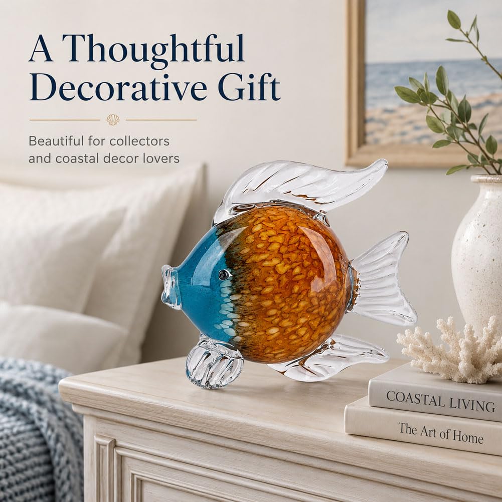 QIANLING Glass Fish Figurines - Coastal Home Decor, Modern Ocean Centerpieces for Living Room, Dining Area, Bathroom, Office, Coffee Table, Beach House, Nautical, Seaside, Entrance, Shelf Display