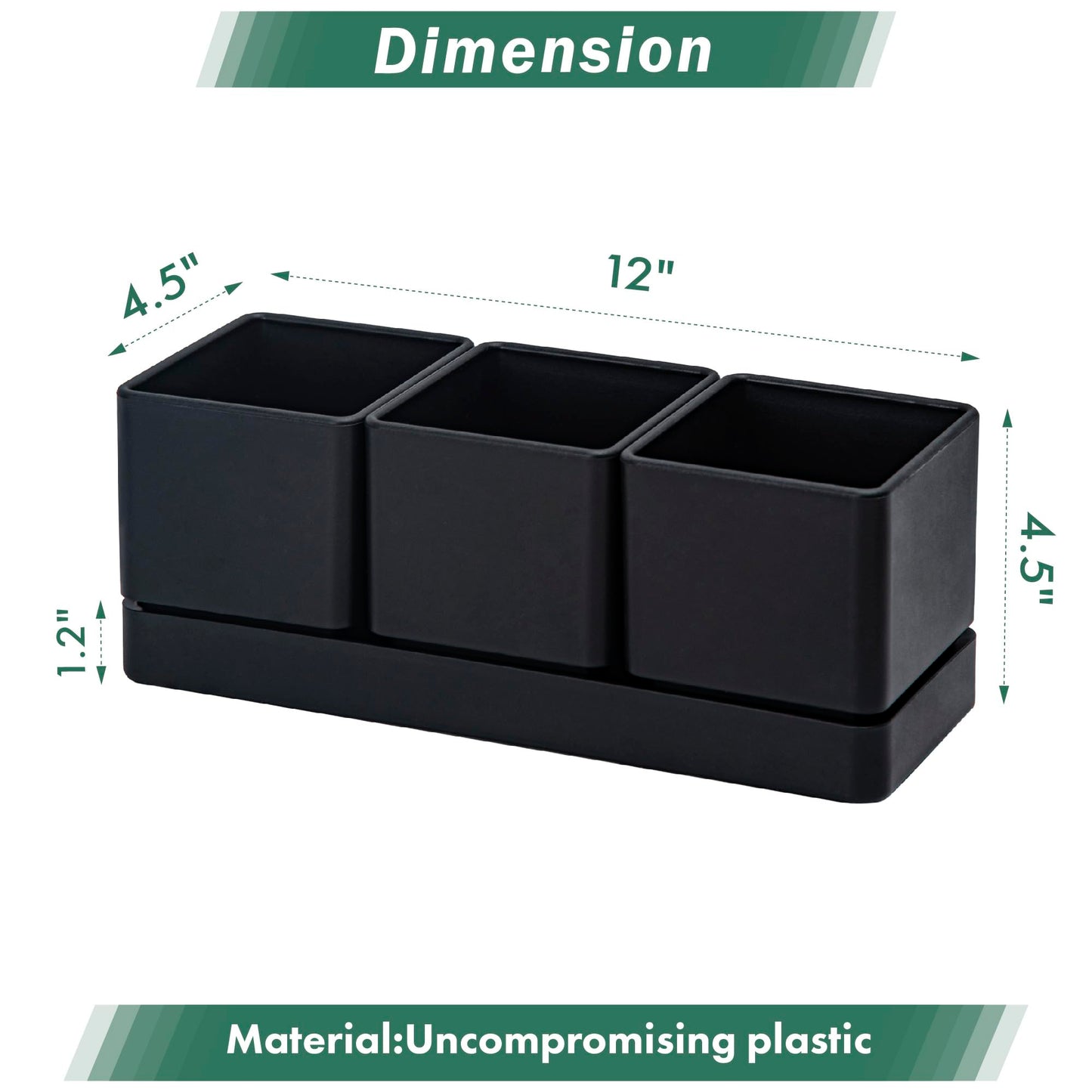 D'vine Dev Herb Garden Planter Set, Plastic Plant Pots with Drainage and Saucer, Indoor Succulent Cactus Vegetable Pot for Windowsill, Garden Balcony, Black, Set of 2, 76-V-B-2
