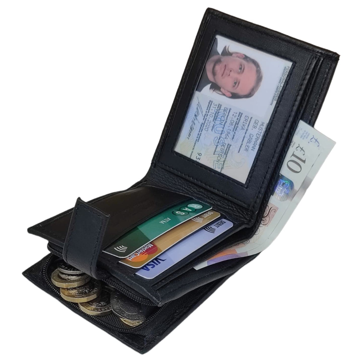 RAS WALLETS | RFID Blocking Gents Wallet, Credit Card Holder & Money Organisers for Men with ID Window & Side Zip Coin Pocket #44 (Black)