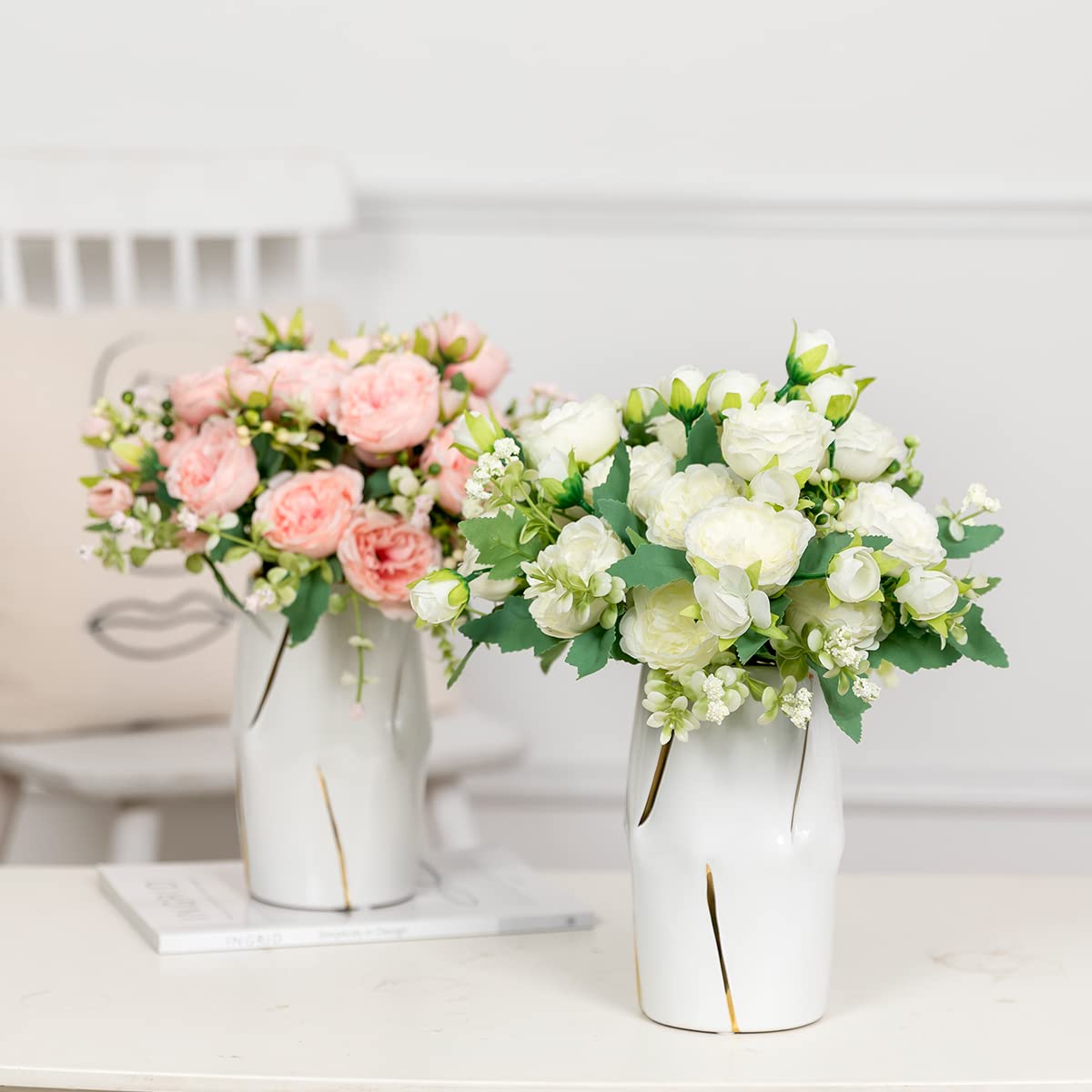Floweroyal 4 Bunches Peony Artificial Flowers White Flowers Silk Peonies Bouquets for Wedding Party Table Centerpieces Floral Arrangement Home Kitchen Decor