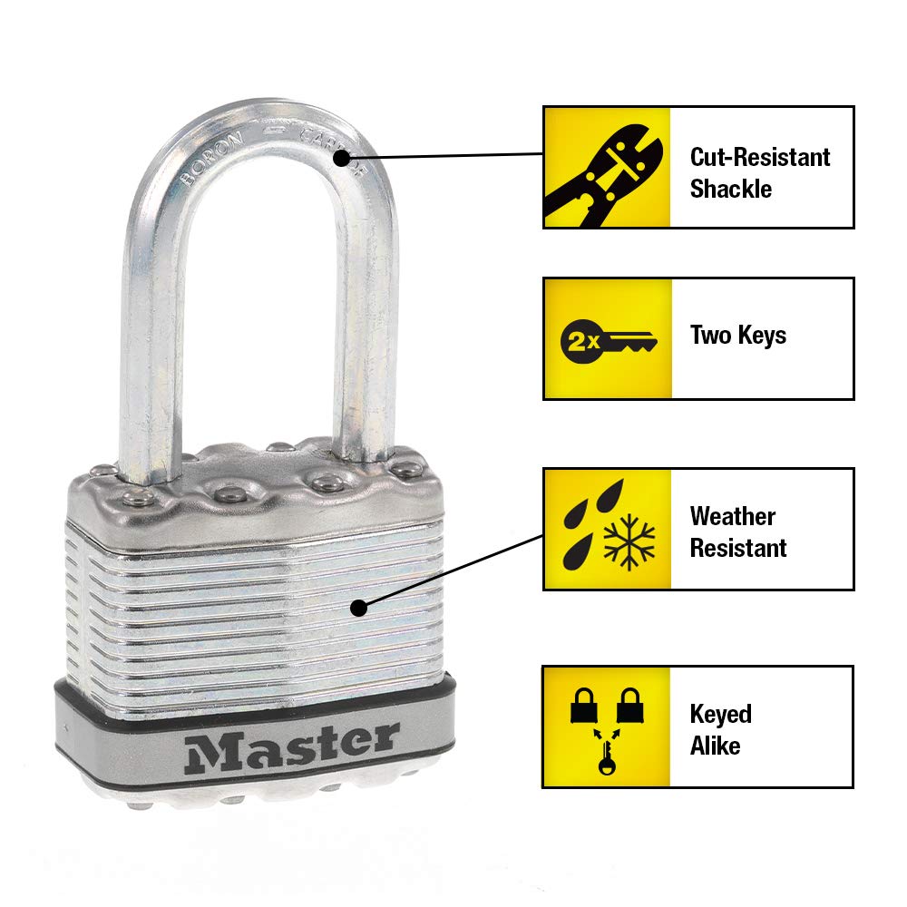 Master Lock Silver Magnum Outdoor Padlock with Key, Keyed Alike Gate Locks for Outdoor Fence or Shed with Long Shackle, 4 Pack, M1XQLFCCSEN