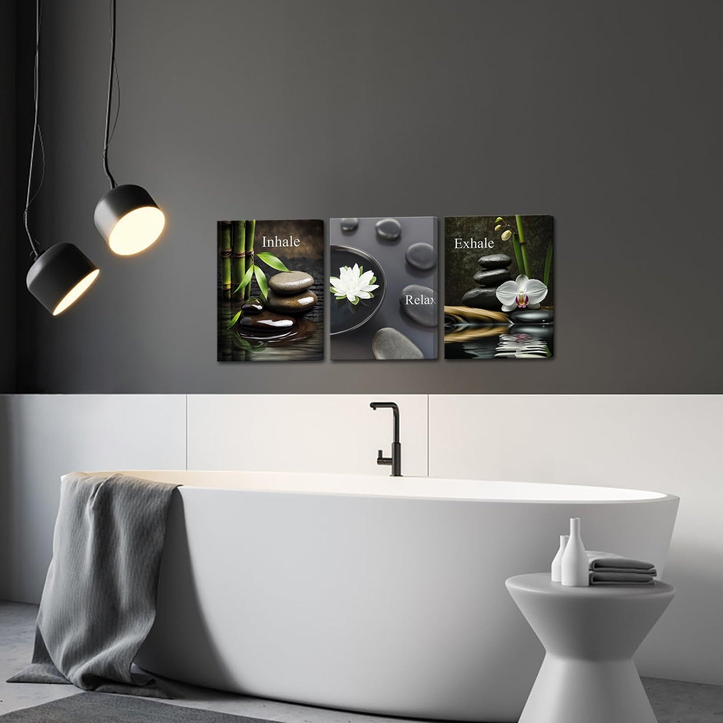 FuShvre Zen Wall Art for Bathroom Zen Stone Bamboo Lotus Orchid Flower Pictures Still Life Prints for Zen Meditation Room Wall Decor Framed 12x16 inch each piece (small)