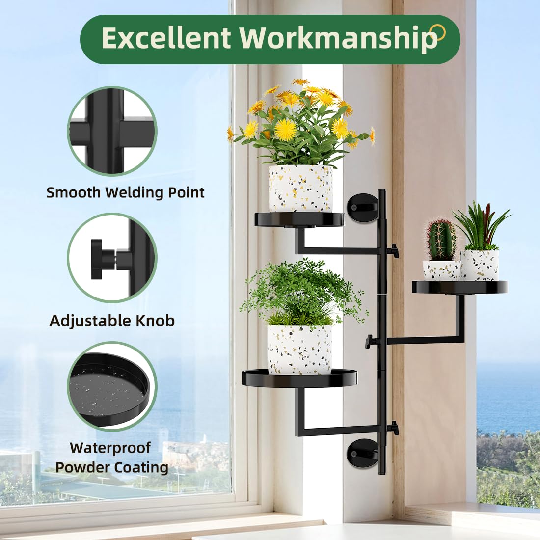 Gaoymsym Rotating Window Plant Shelf Wall Plant Shelf Indoor Metal Plant Stand Window Shelves for Plants 3 Tier Plant Stand Wall Plant Holder Wall Planters for Indoor Plants, Outdoor Plant Stands for Patio, Black