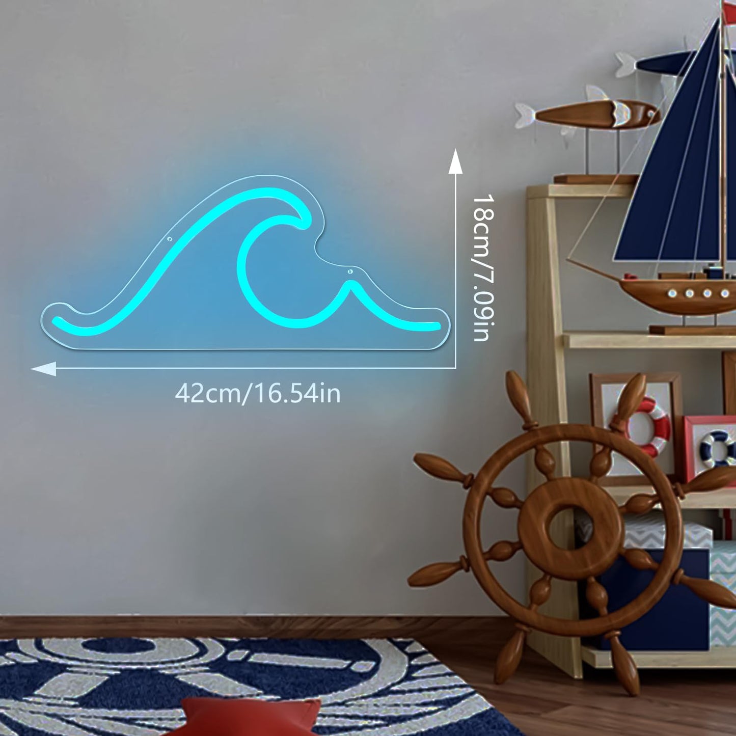 Ajoyferris Wave Neon Sign For Wall Decor Dimmable Led Neon Wave Sign Night Lights Led Wave Sign Ocean Neon Sign for Living Room Bedroom Office Bar Party Christmas Gift(16.5x7inch, Ice Blue)
