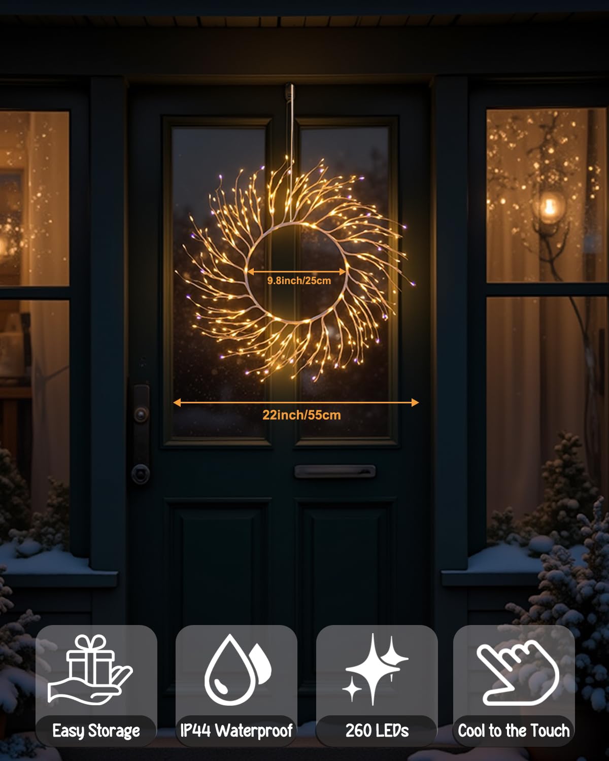 ooLALoo Christmas Window Lights Decorations, 22 Inch Christmas Wreath with 260 LED Fairy Lights, USB Operated Window Light Hanging for Holiday Wall Door Party Xmas Indoor Decor, White Twig