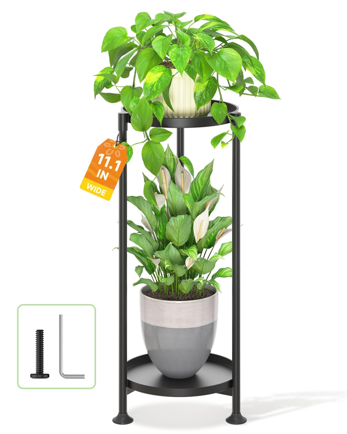 LASZOLA 2 Tier Black Plant Stand Indoor for Large Tall Heavy Duty Flower Planter, Metal Vertical Multi Level Rack for Narrow Floor Corner, Sturdy Round Holder Organizer, Modern, Mid Century, Farmhouse