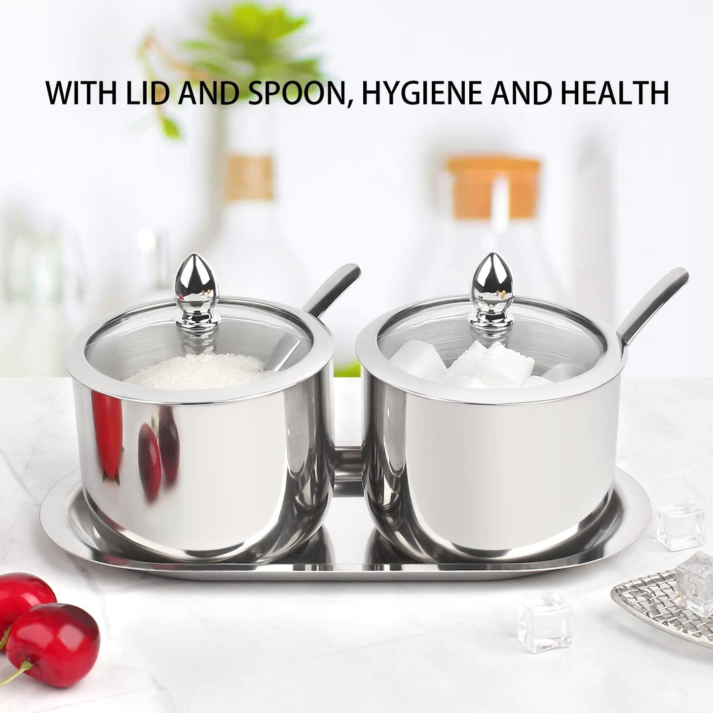 KEMIYIXIAN 2 Stainless Steel Sugar Bowl with Lid Spoon and Tray, Polished Shiny Sugar Bowl，for serving sugar Suitable for home and kitchen- 12 Oz/ 360m