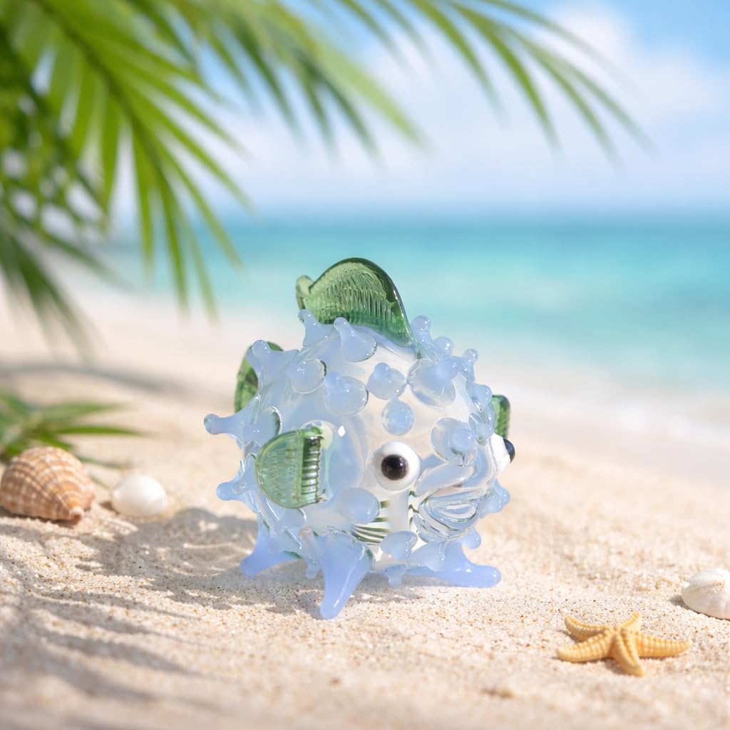 M Audomsak Ocean Blue Hand Blown Glass Pufferfish Figurine – Cute Mini Ocean Fish Art Glass Sculpture, Sea Life Collectible, Small Glass Animal Decor for Desk Shelf Home Decoration, Ocean Lover Gift